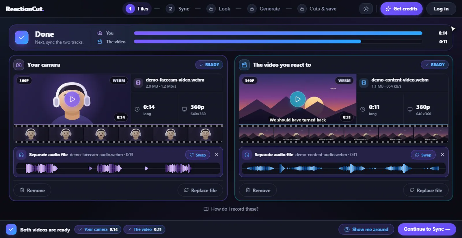 The Files step with the demo project: your camera, with the person centred, and the video you react to, both ready and each with its own separate audio file